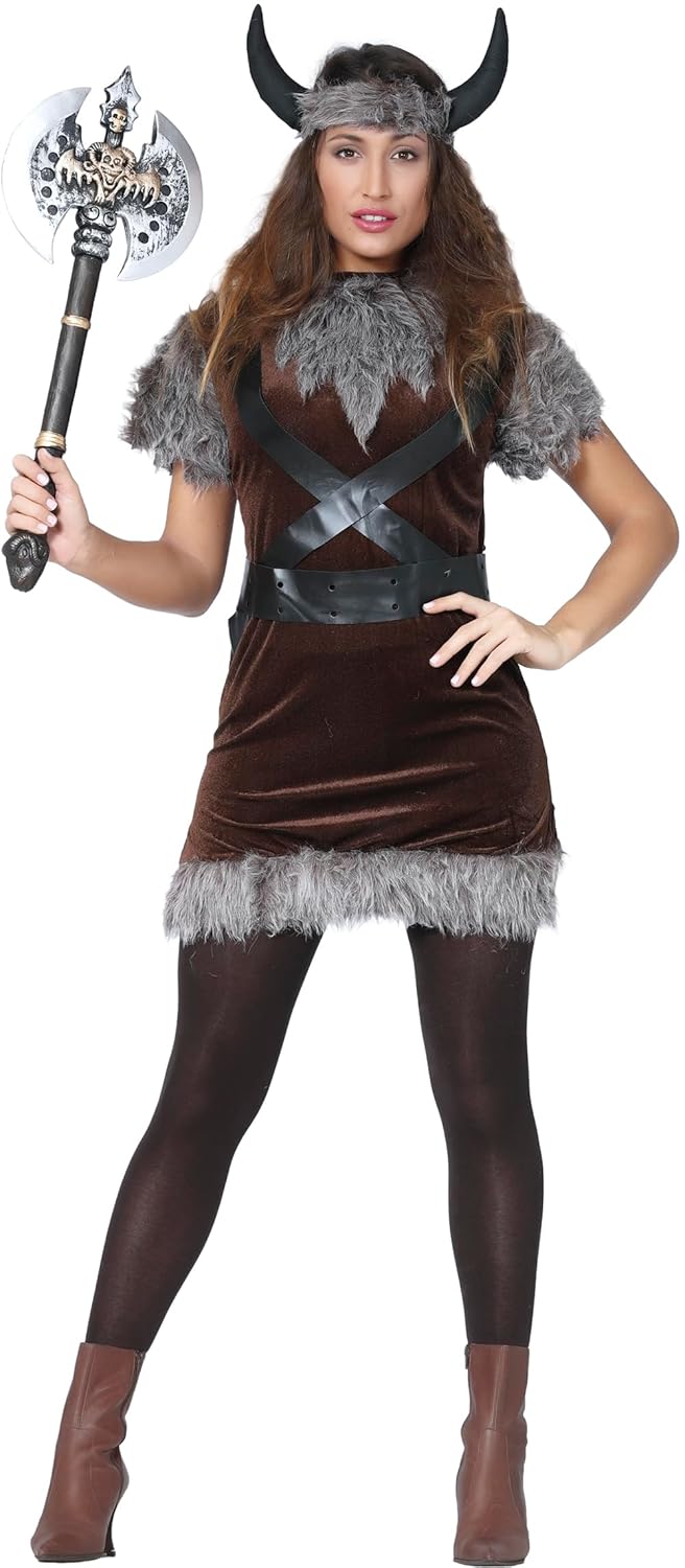 FIESTAS GUIRCA | Costume de Viking Femme (38-40/M) - Robe, Bandeau, Ceinture et Cornes - Costumes de Guerrière Nordique pour Halloween, Carnaval et Fêtes de Vikings - Marron et Gris