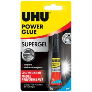 UHU Power Glue - Glue Extra-Forte Supergel - Multi-Supports : Plastique, Métal, Bois, Matériaux Non Poreux - Ne Coule Pas - Résistante à L'eau - Application Précise - Transparente - 2 Tubes de 3 g