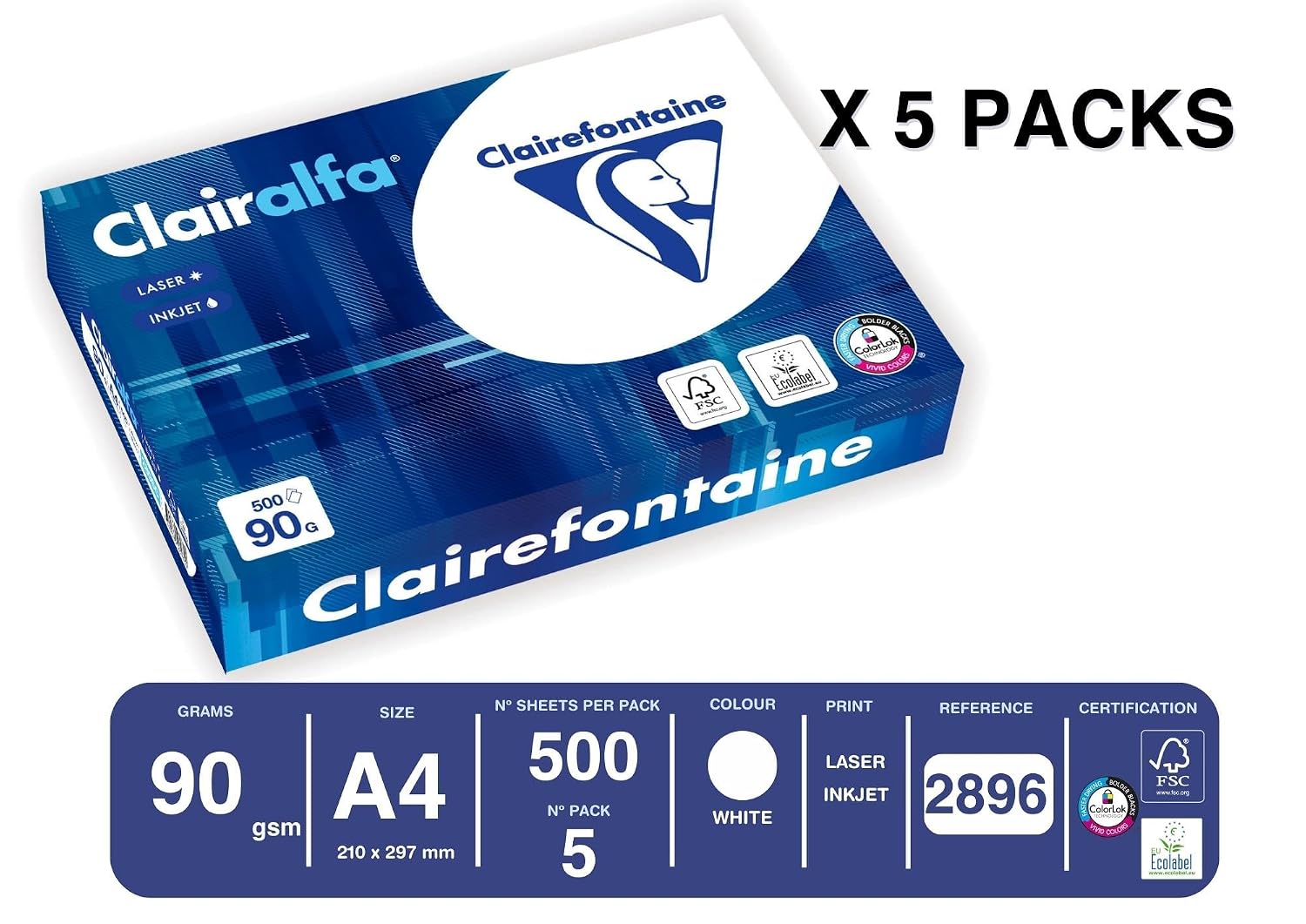 Clairefontaine - Réf. 2896C – 2500 feuilles de papier blanc au format A4 - Clairalfa 90 g/m² – Carton contenant 5 ramettes de 500 feuilles – Couleur : Blanc (171 CIE) – Image 2