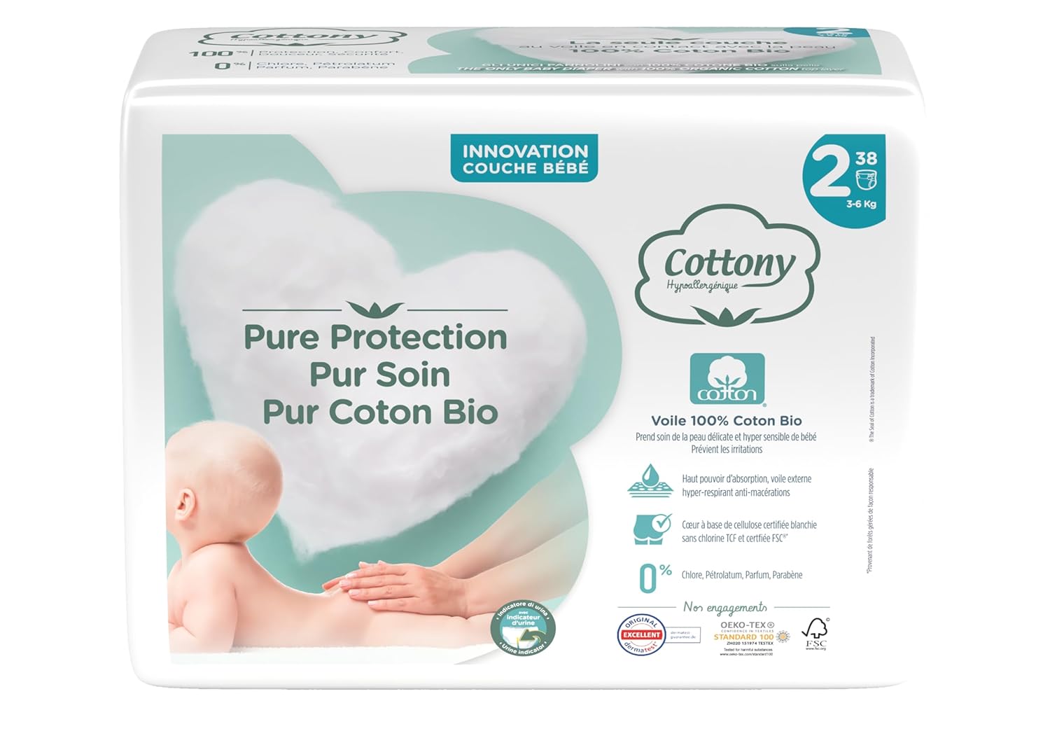 COTTONY — Couches avec coton bio taille 2 (3-6 kg), 38 unités
