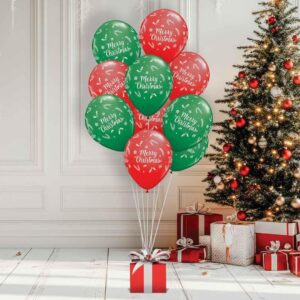 P'TIT CLOWN - 24179 - Lot de 10 Ballons Noël Ø23 cm "Merry Christmas" - Décoration Festive Xmas pour Sapin, Table ou Arche - Déco Fête de Fin d’Année, Soirée à Thème - Rouge et Vert