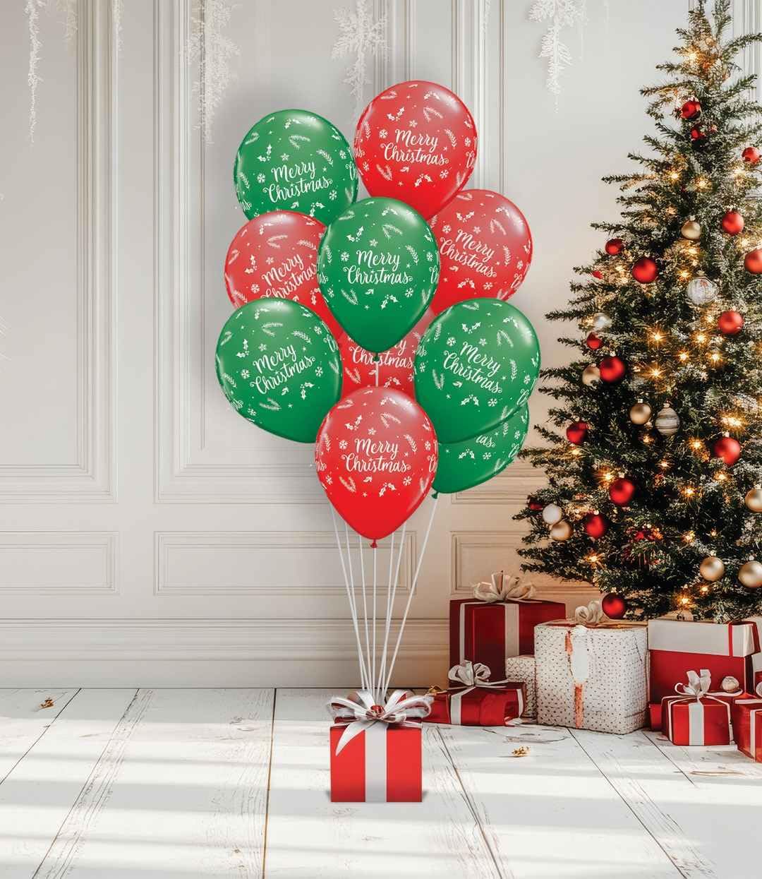 P'TIT CLOWN - 24179 - Lot de 10 Ballons Noël Ø23 cm "Merry Christmas" - Décoration Festive Xmas pour Sapin, Table ou Arche - Déco Fête de Fin d’Année, Soirée à Thème - Rouge et Vert