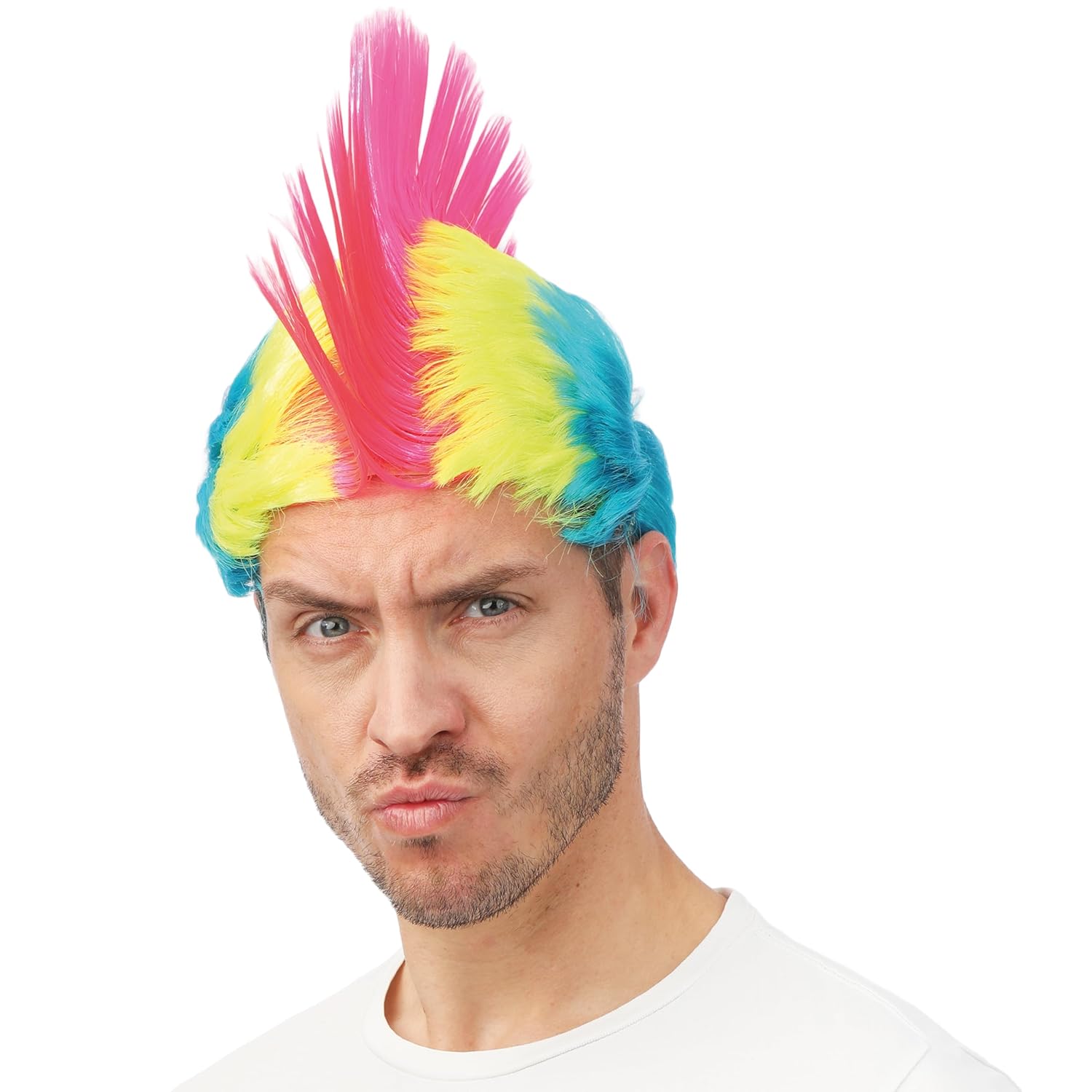 P’TIT Clown - 24474 - Perruque Punk Multicolore Fluo - Mohawk, Iroquois, Accessoire de Déguisement Rétro - Années 80 - pour Carnaval, Halloween, Cosplay - Cheveux Synthétiques