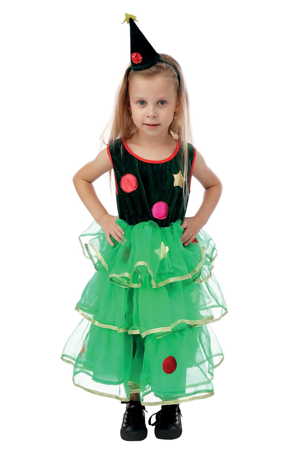 P'TIT CLOWN - Costume Sapin de Noël Enfant - Fille - Robe, Serre-tête - Parfait pour Déguisement Fête de Fin d'Année - Polyester - Vert, Noir (3-4 ans)