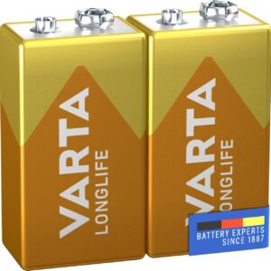 VARTA Piles Pile Bloc 9V, lot de 2, Longlife, Alcalines, pack de stockage, pour détecteurs de fumée, alarmes incendie