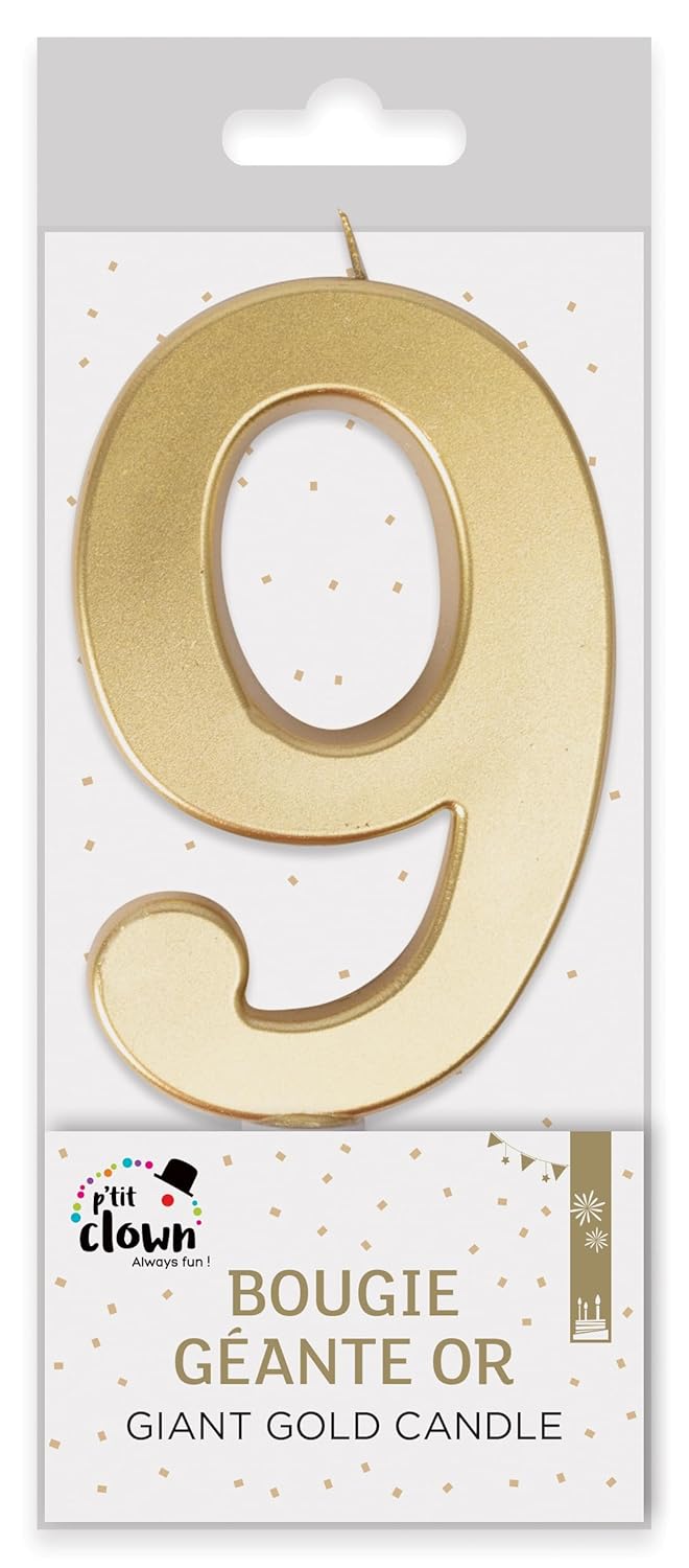 P'TIT CLOWN - Bougie Géante Anniversaire - Bougie Chiffre - Parfaite pour Décoration Gâteau - Fête Enfant, Adulte, Birthday Party - Hauteur : 13 cm - Or (9)