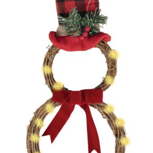 P'TIT Clown - 22826 - Couronne de Porte de Noël Lumineuse - Bonhomme de Neige - Osier - Object Décoration Noel, Christmas, Xmas - Fonctionne avec Piles (2xAA) Non Incluses - 48 cm