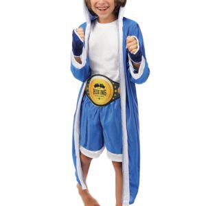 P'tit Clown - 21016 - Set de Déguisement Boxeur Enfant - Peignoir, Short, Ceinture, Sous-Gants - Pour Tenue Carnaval, Halloween, Cosplay, Fête Costumée - Taille Unique - Bleu