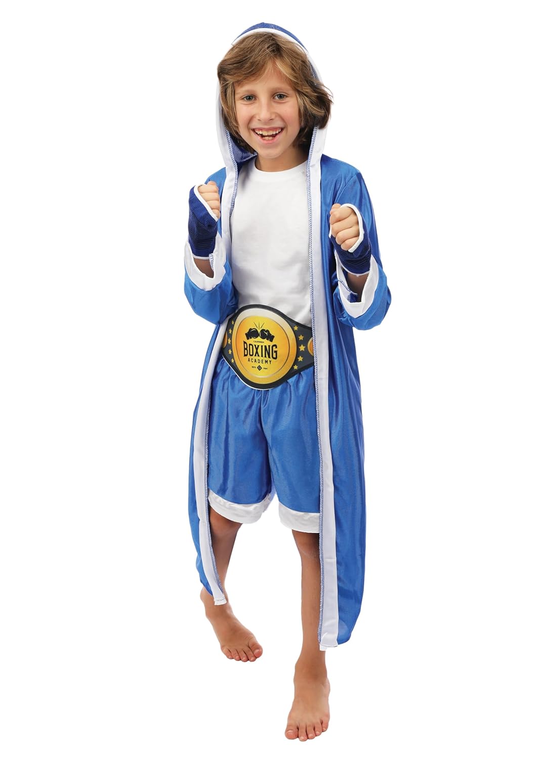 P'tit Clown - 21016 - Set de Déguisement Boxeur Enfant - Peignoir, Short, Ceinture, Sous-Gants - Pour Tenue Carnaval, Halloween, Cosplay, Fête Costumée - Taille Unique - Bleu