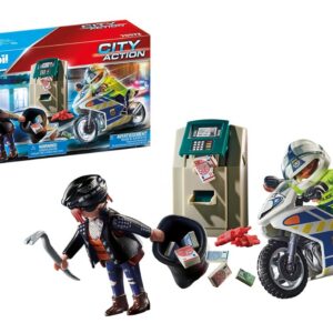 Playmobil 70572 Policier avec Moto et Voleur - City Action - avec Deux Personnages, Un véhicule et Un Distributeur Automatique - Intervention Poursuite en Moto - Dès 4 Ans