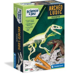 Clementoni | Archéo Ludic – Vélociraptor 7 Ans+ | Jouet Éducatif Dinosaure avec Kit de Fouille Scientifique | Squelette Lumineux à Reconstituer | Cadeau Enfant Paléontologie Noël Anniversaire