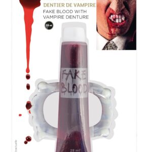 Faux Sang Gel avec Dentier Vampire - 28 ml - Maquillage Déguisement - Make-up - Sang de Théâtre - Fake Blood - Peinture Visage - Sang de Film - Effet Spécial - Plaies - Halloween - Carnaval - Cosplay