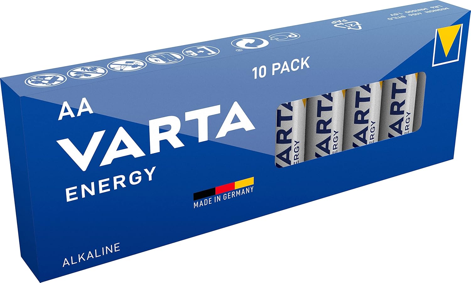 VARTA Piles AA, lot de 10, Energy, Alcalines, 1,5V, emballage recyclé à 80%, pour des besoins de base simples, Made in Germany