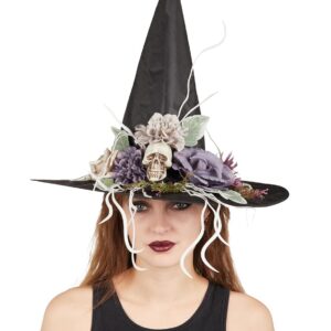 P'TIT CLOWN - Chapeau de Sorcière Femme - Accessoire Essentiel pour Halloween, Déguisements et Soirées à Thème - Élégant, Mystérieux et Confortable (Chapeau de sorcière à fleurs)