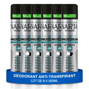 NARTA - Déodorant Homme - Protection 5 Anti-Transpirant Spray Efficacité 48h Fraîcheur Maximale Sans Alcool - lot de 6x200ml