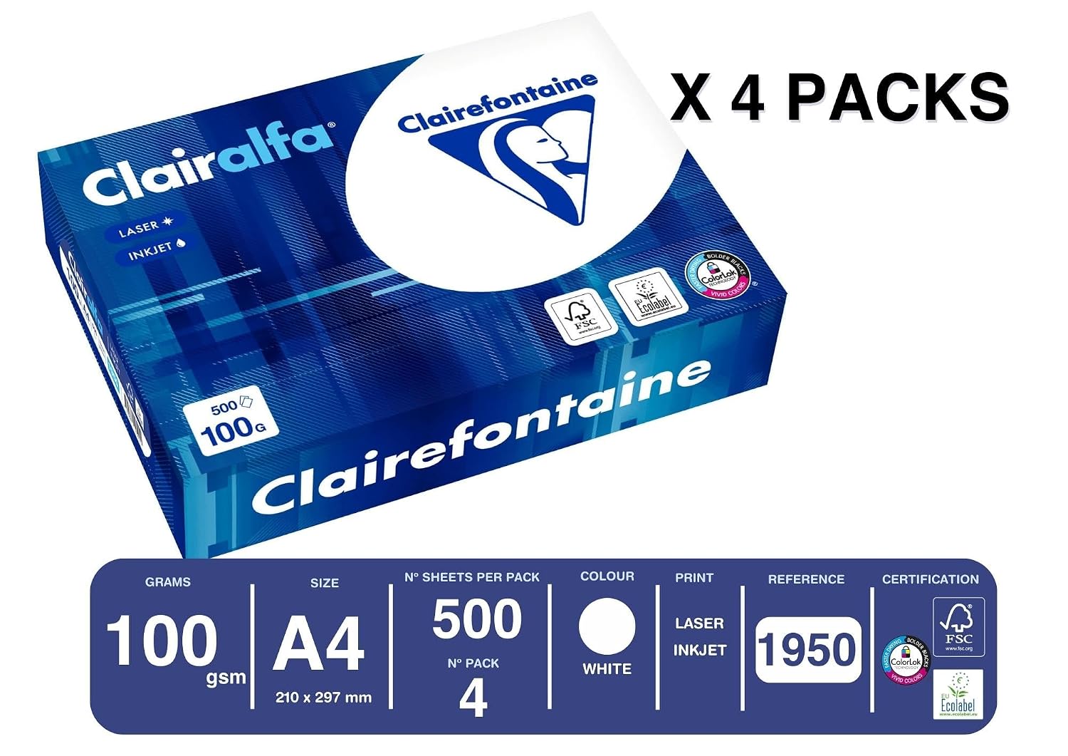 Clairefontaine - Réf. 1950C – 2000 feuilles de papier blanc au format A4 - Clairalfa 100 g/m² – Carton contenant 4 ramettes de 500 feuilles – Couleur : Blanc (171 CIE) – Image 2