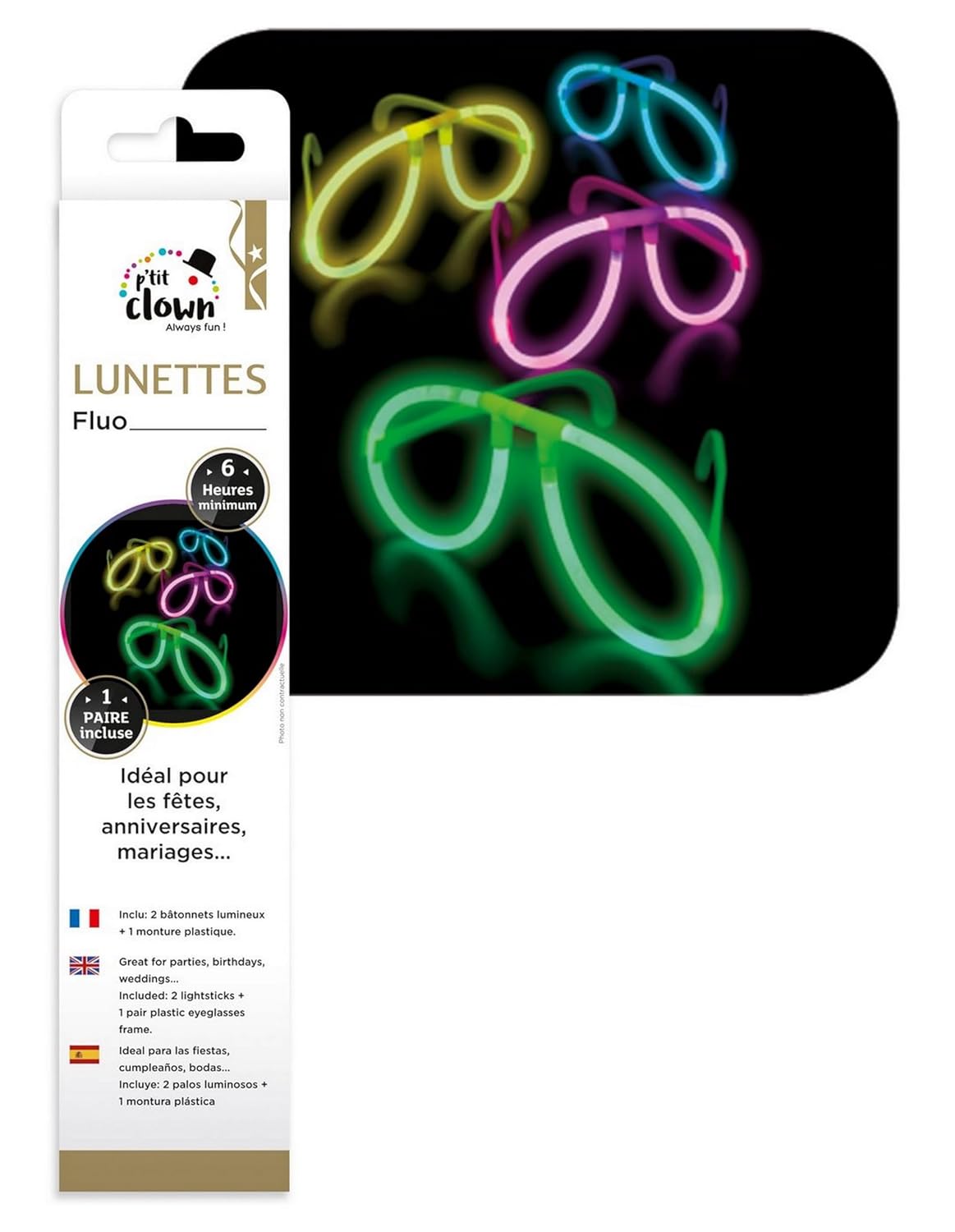 P'TIT CLOWN - 14801 - Lunettes Bâtons Lumineux - Accessoires de Fête Fluorescents pour Festival, Carnaval, Anniversaire, Mariage, Noël, Nouvel an