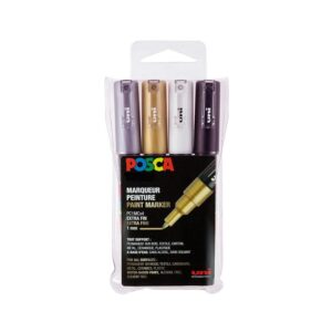POSCA Mitsubishi Pencil - 4 Marqueurs Métalliques PC1MC Pointe Extra Fine Conique - Marqueurs Peinture à Base d'Eau - Tout Support - Pour Papier, Textile, Verre, Galet, Bois, etc.