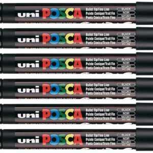 Uni Posca PC3M Marqueur à pointe ogive fine 5 mm Pour toutes surfaces (métal, tissu, verre), Noir , Lot de 6