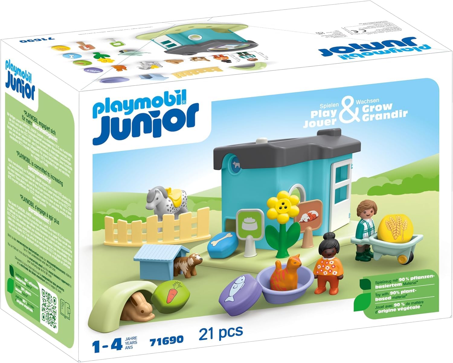 Playmobil 71690 Junior : Maison des Animaux - Comprenant Quatre Animaux de Compagnie - Jouet fabriqué à partir de matière d'origine végétale - Dès 12 Mois
