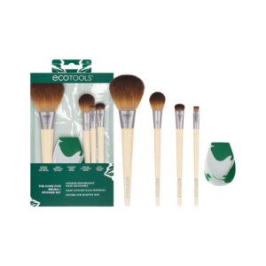 EcoTools Core Five Lot de 5 pinceaux de maquillage et éponge pour fard à paupières, blush, poudre bronzante, eyeliner et fond de teint, éponge de mélange de maquillage, essentiels pour pinceaux