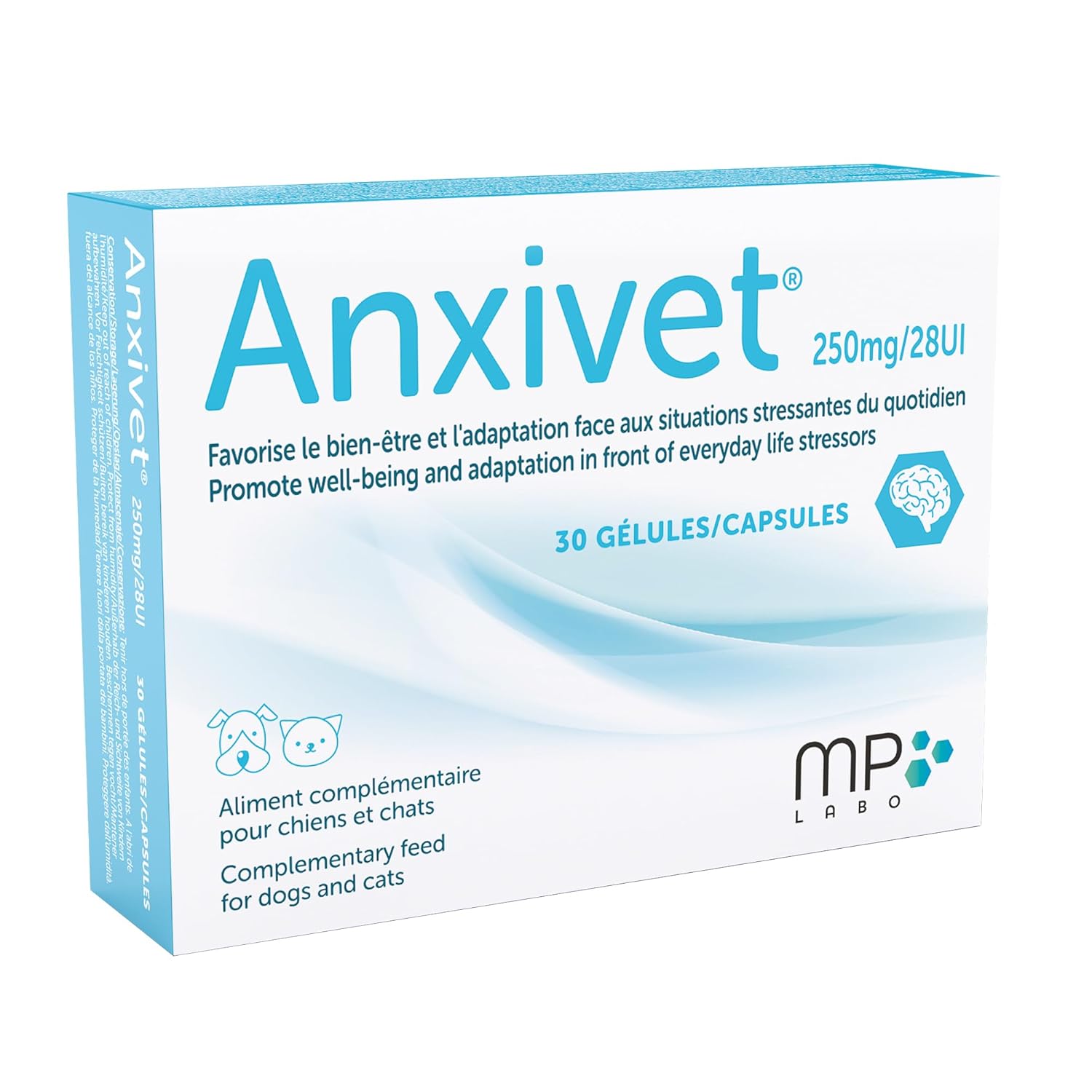 MP Labo Anxivet® - Favorise Le Bien-être et l'Adaptation Face aux Situations Stressantes du Quotidien pour Chien et Chat (250 MG 28 UI 30 gélules)