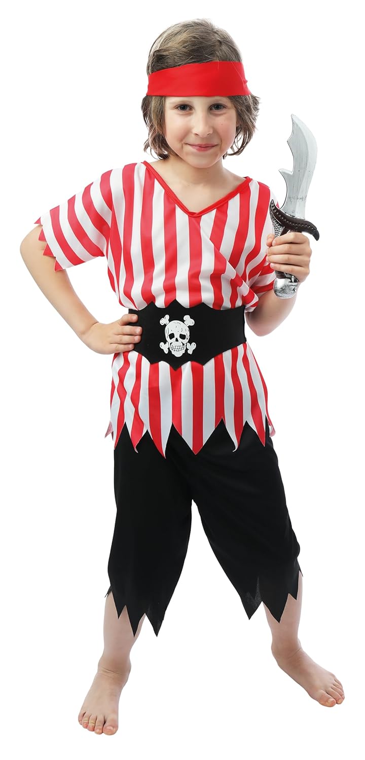 P'TIT CLOWN - Déguisement Pirate Garçon - Costume Enfant Parfait pour Anniversaire, Carnaval, Fêtes Costumées et Évènements à Thème (Rouge, Noir, 7-9 ans)
