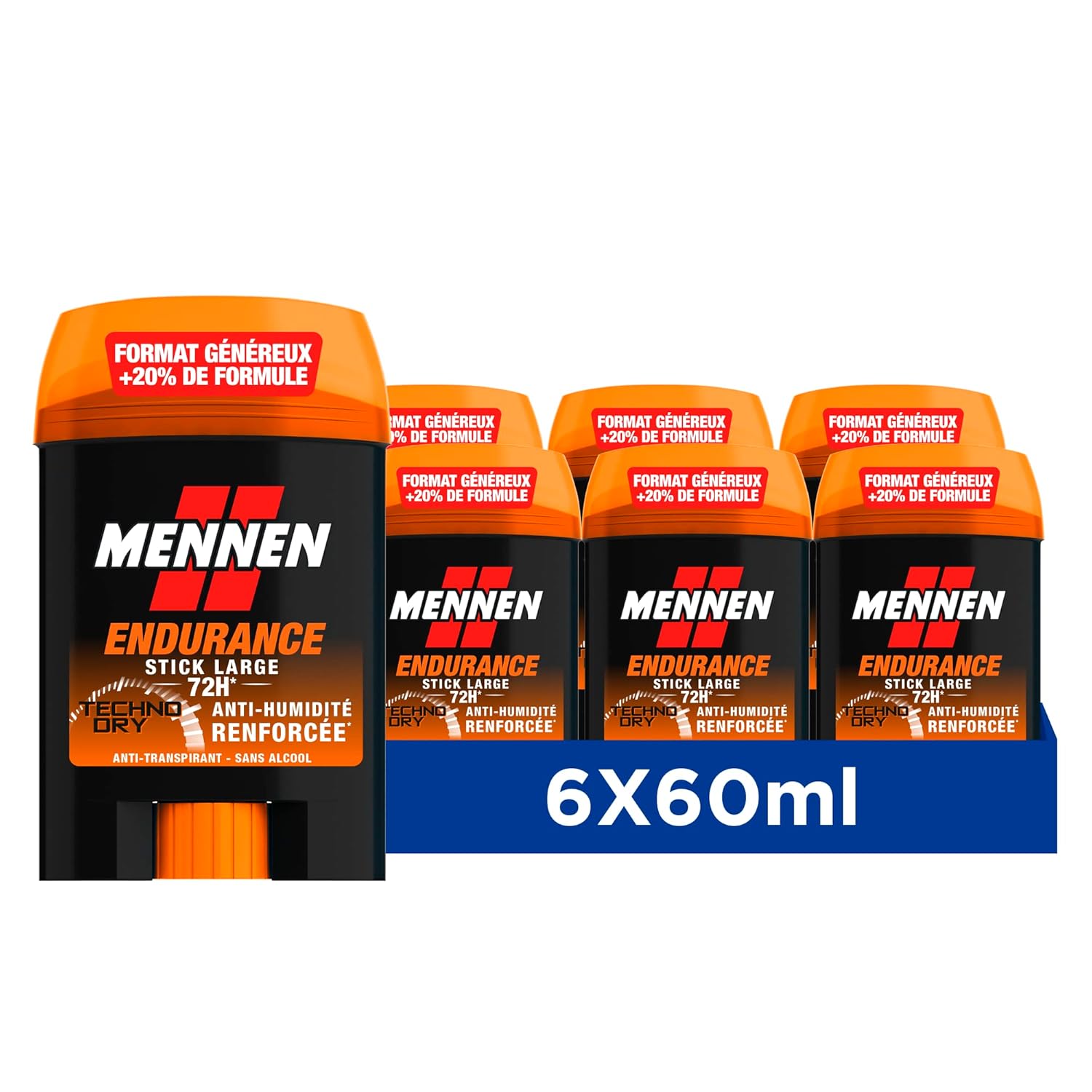 Mennen ENDURANCE Deodorant homme 72H stick large sans alcool anti traces - Lot de 6