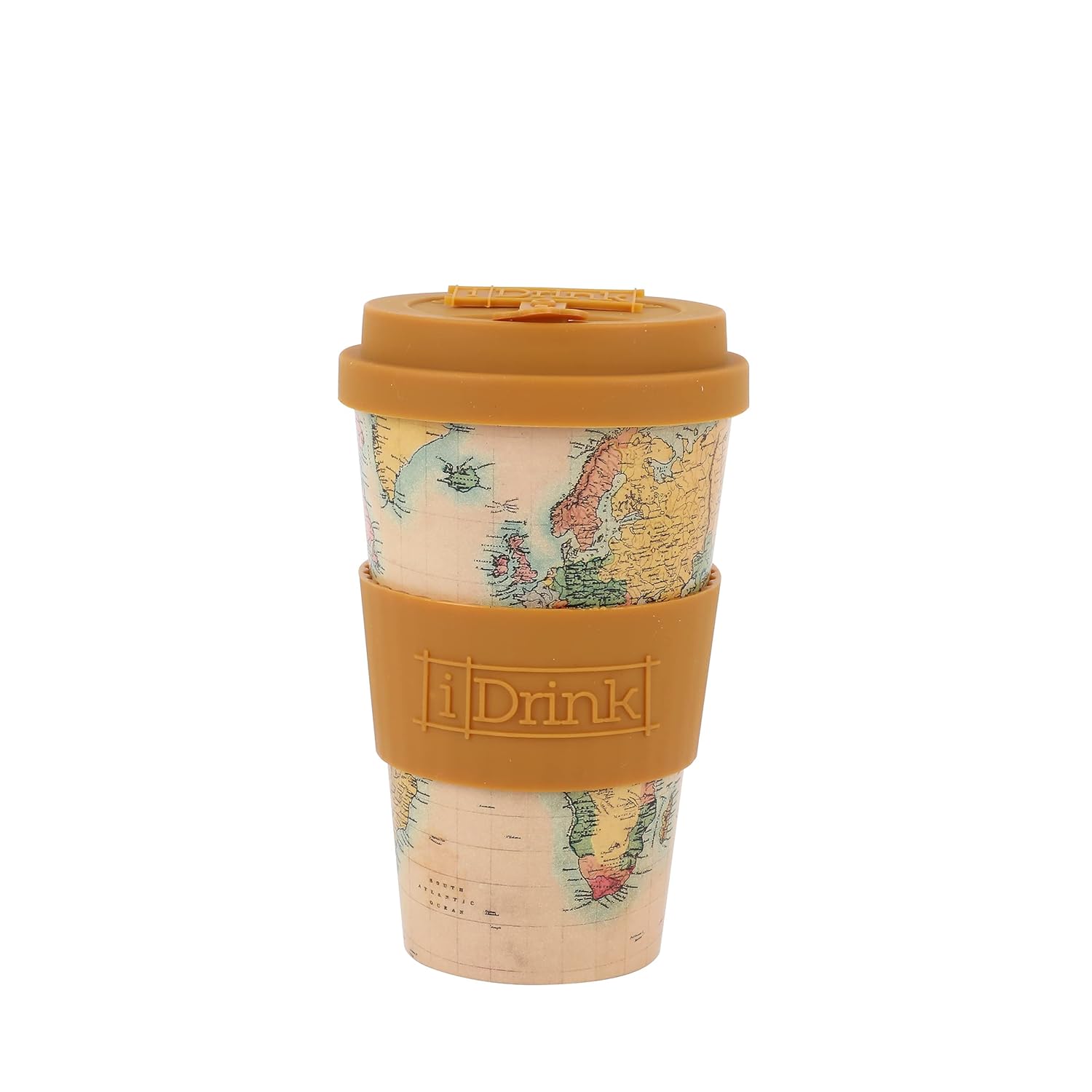 IDRINK®- Tasse à café en RPET avec ouverture et bouchon en silicone, facile à transporter Tasse à emporter de 435 ml en plastique recyclé 8,7 x 8,7 x 15 cm 435 ml (Old Map)