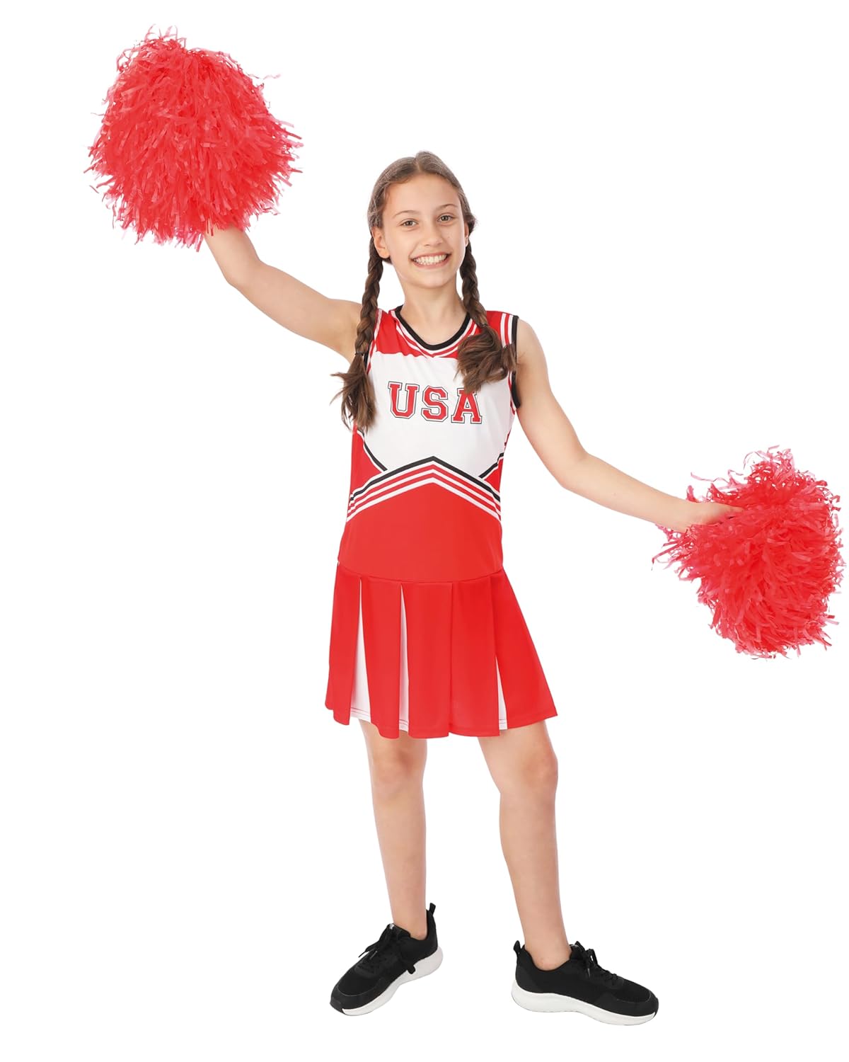P’TIT CLOWN - Déguisement Pompom Girl Enfant - Costume Chearleader Fille - Pour Carnaval, Fêtes Costumées et Évènements à Thème - Confortable et Réaliste - Polyester - Rouge et Blanc (7/9 ans)