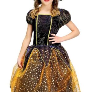 P'TIT CLOWN - Costume Sorcière Fille - Doré - Robe, Chapeau - Déguisement Halloween Enfant - Cosplay, Fêtes Costumées et Évènements à Thème (Noir, Orange, 3-4 ans)