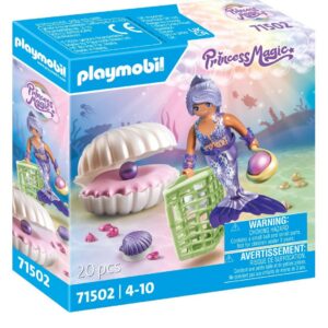 PLAYMOBIL 71502 Sirène avec coquillage et perles - Princess Magic - Comprend un personnage, un grand coquillage en forme de fauteuil, un coquillage qui se fixe sur la baignoire, des perles - Dès 4 ans