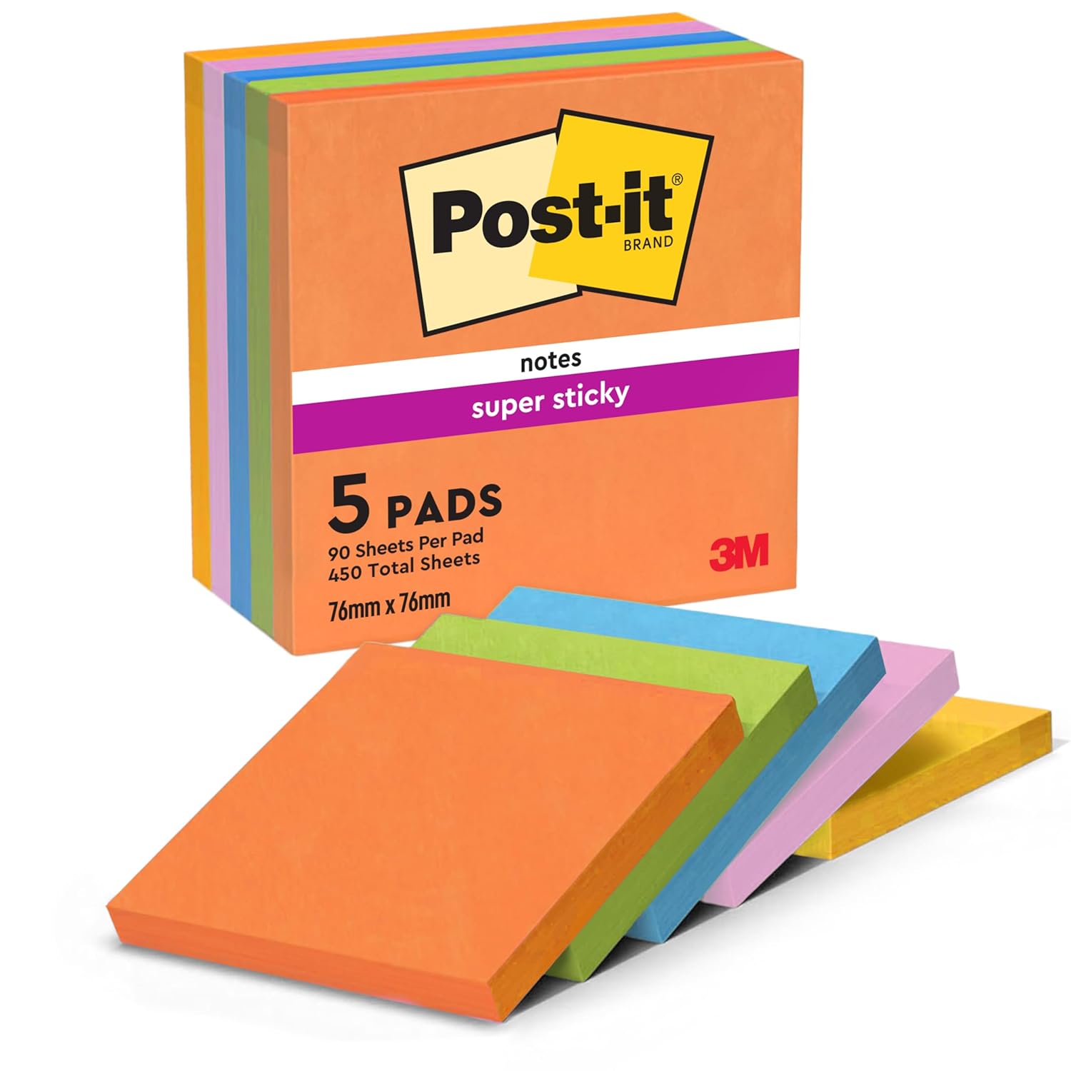 Post-it Notes Autocollantes Super Sticky, Couleurs Boost, Pack de 5 Blocs, 90 Feuilles par Bloc, 76 mm x 76 mm - Feuillets Super Adhésifs pour Prise de Notes, Listes de Tâches et Rappels