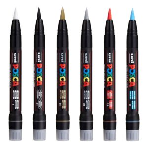 Posca Uni PCF-350 Marqueur peinture pointe pinceau – Stylo pour tissu, verre, métal – Les 6 couleurs les plus populaires
