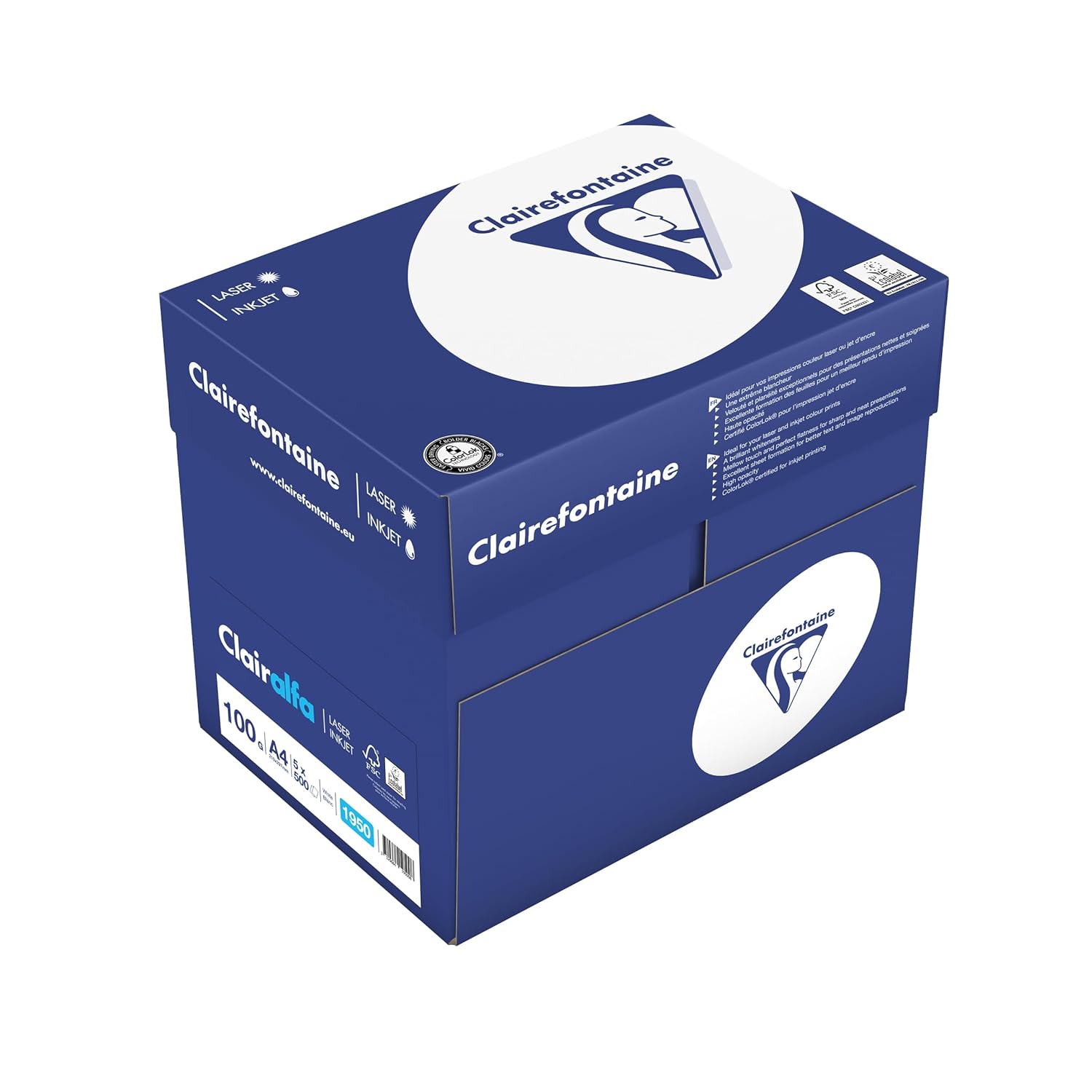 Clairefontaine - Réf. 1950C – 2000 feuilles de papier blanc au format A4 - Clairalfa 100 g/m² – Carton contenant 4 ramettes de 500 feuilles – Couleur : Blanc (171 CIE)