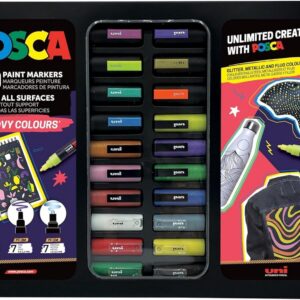 POSCA - Mitsubishi Pencil - Mallette Métal - Set 20 Marqueurs Peinture Acrylique Tout Support - Pointes Extra Fines, Fines et Moyennes - Feutres PC-1MC PC-3M PC-5M (Groovy Colours)