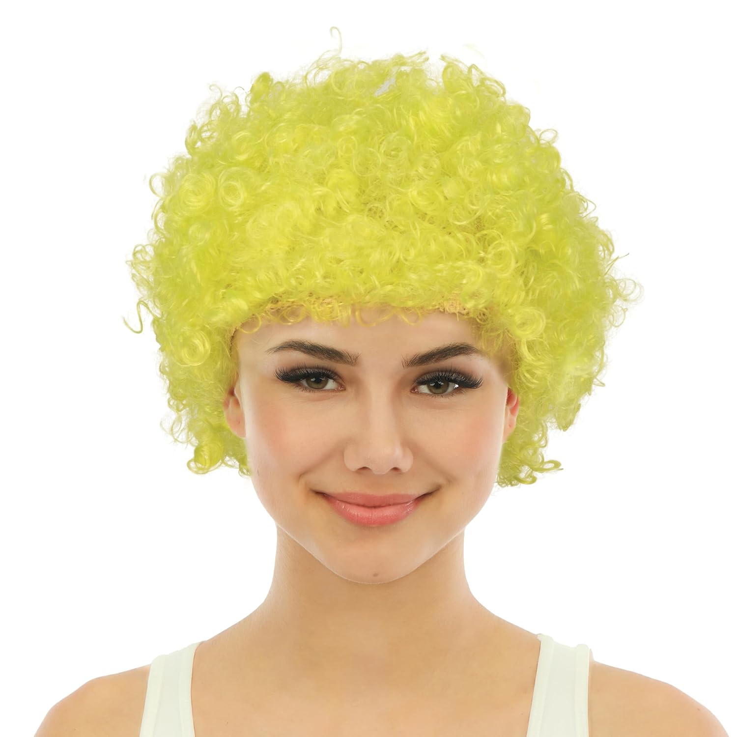 P'TIT CLOWN - 68003 - Perruque Courte Frisée - Short Curly Wig - Accessoire de Déguisement - Carnaval, Supporters, Evènements Sportifs - Cheveux Synthétiques - Unisexe - Jaune