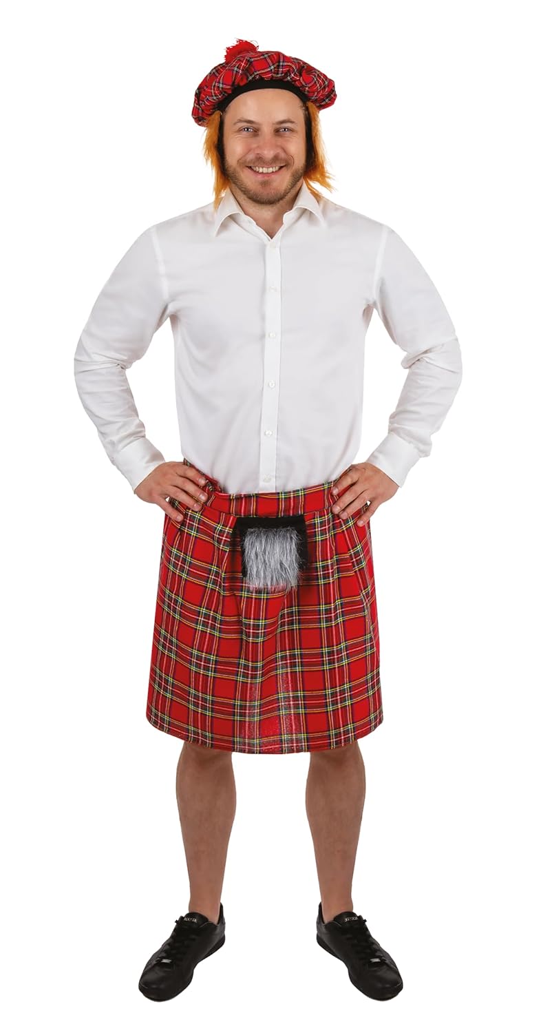 P'TIT CLOWN - 25120 - Kilt d'Écossais - Scottish Kilt, Tartan - Parfait pour Carnaval, Soirées Costumées, Fêtes à Thèmes, Saint Patrick's Day, Ecosse - Adulte Homme - Rouge à Carreaux - Taille Unique