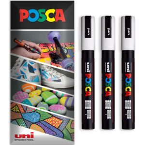 Posca Marqueur permanent à base d'eau - Utilisation multi-surfaces - PC-5M - Lot de 3 stylos dans un étui (blanc)