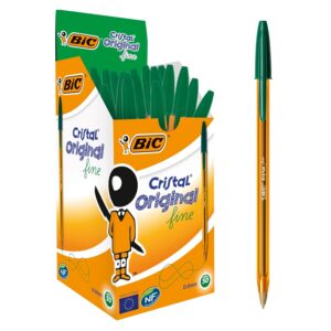 BIC Cristal Original Stylos-Bille Pointe Fine (0,8 mm) - Écriture Fine et Précise - Vert, Boîte de 50