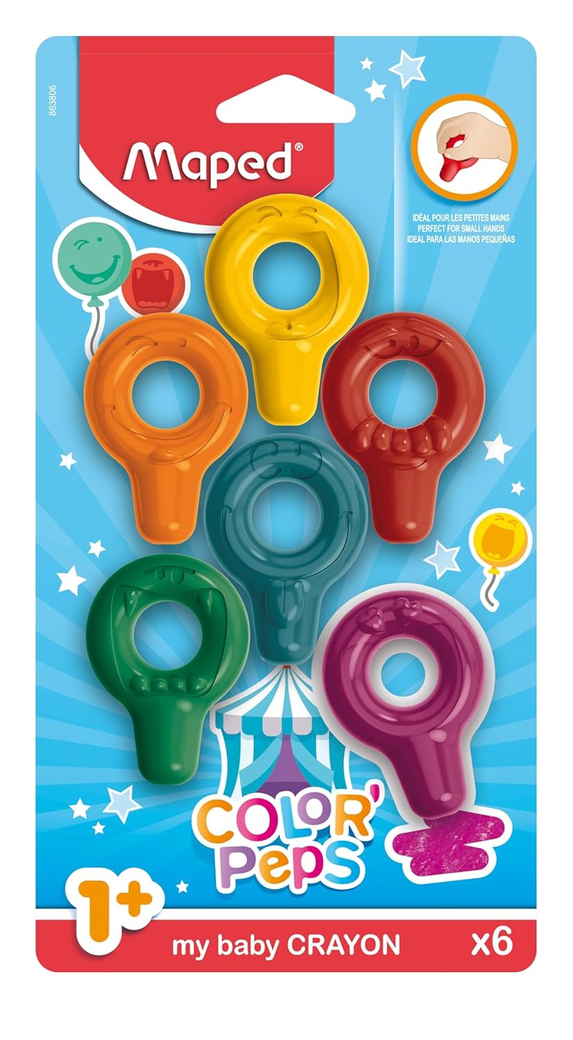 Maped - 6 Craies en Cire Bébé Color'Peps Baby - Premier âge - Crayons de Cire Ergonomiques pour enfants +18 mois - Boîte de 6 couleurs
