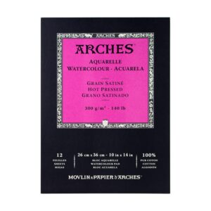 Arches 1795098 Bloc de 12 feuilles de papier aquarelle (26 x 36 cm, encollées à la tête, 300 g/m², satiné), blanc naturel