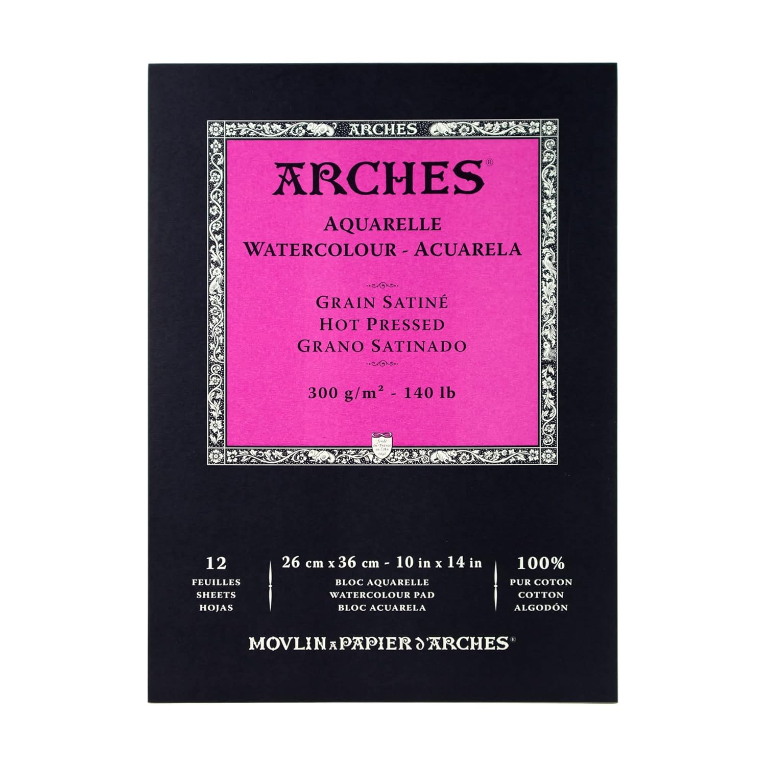 Arches 1795098 Bloc de 12 feuilles de papier aquarelle (26 x 36 cm, encollées à la tête, 300 g/m², satiné), blanc naturel