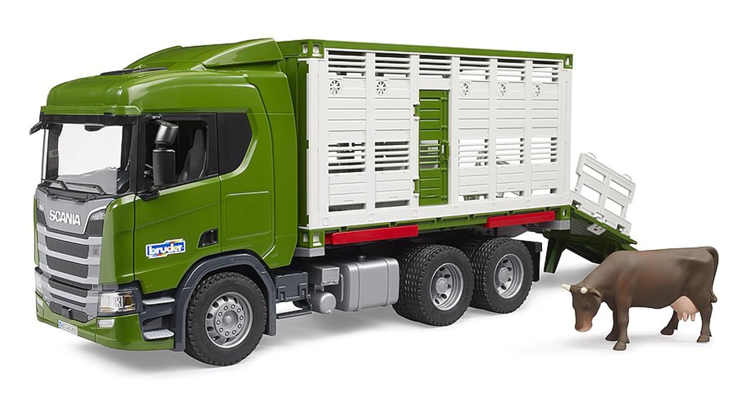 bruder 03548 - Scania Super 560R Camion de transport d'animaux avec 1 bovin - 1:16 Véhicules, Camion, Bétail remorque, Jouets à partir de 4 ans