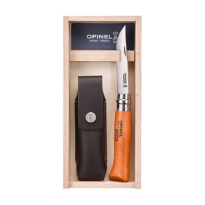 OPINEL - N°08 Carbone et Étui Alpine - Couteau Pliant de Poche Carbone - Couteau de Poche - Coffret Bois Couteau - Lame Acier 8,5 cm et Manche en Bois