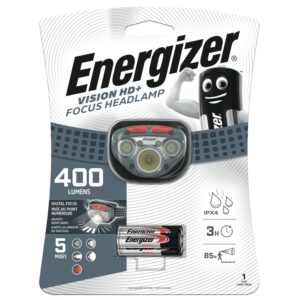 Energizer Lampe Frontale LED Vision HD+ Focus, Lampe Puissante 400 Lumens, Résistante à l'Eau, Piles Incluses, Plastique, Noir