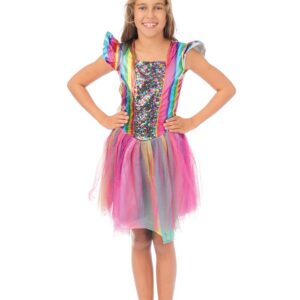 P’TIT CLOWN - Déguisement Licorne Fille - Robe, Serre-tête - Costume Princesse Enfant - Parfait pour Tenue Carnaval, Cosplay, Haloween Fêtes Costumées et Évènements à Thème (Arc-en-ciel, 10-12 ans)