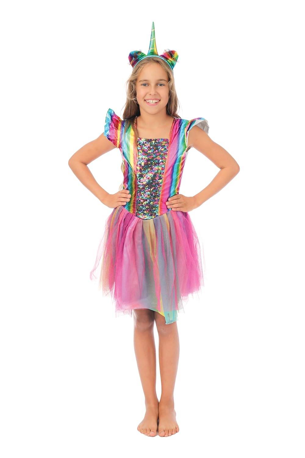 P’TIT CLOWN - Déguisement Licorne Fille - Robe, Serre-tête - Costume Princesse Enfant - Parfait pour Tenue Carnaval, Cosplay, Haloween Fêtes Costumées et Évènements à Thème (Arc-en-ciel, 7-9 ans)