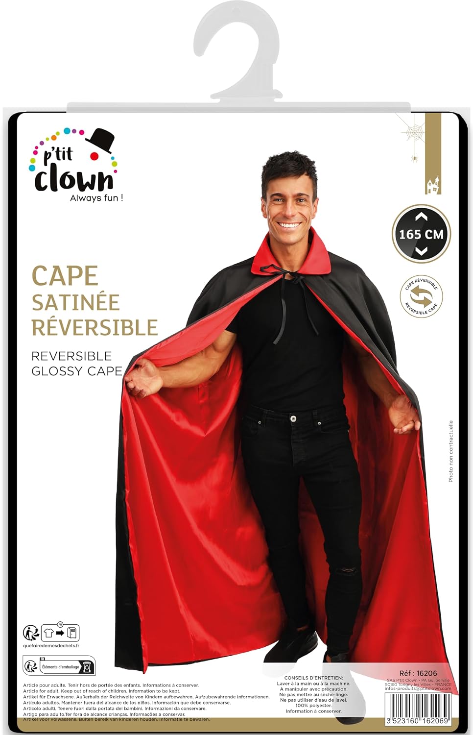 P'TIT CLOWN — Cape homme satinée 140 cm noir et rouge – Image 4