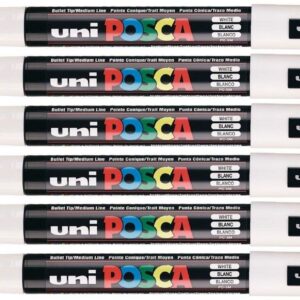 Lot de 6 marqueurs de peinture à pointe ogive moyenne de 2,5 mm pour toutes surfaces en métal, bois, plastique, tissu, verre, pierre Uni Posca PC-5M, couleur blanche